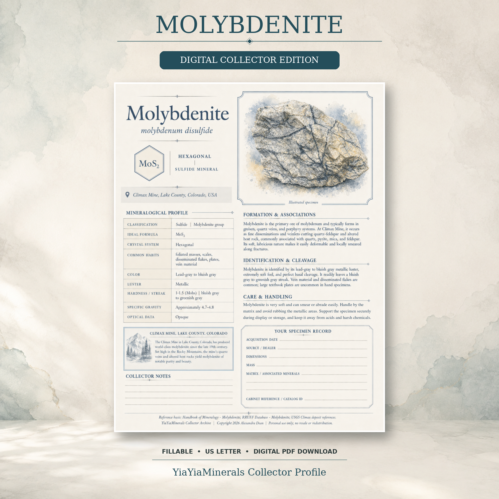 Molybdenite Digital Collector Edition mineral specimen profile in full color