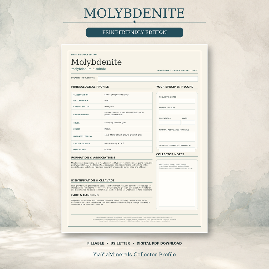 Molybdenite Print-Friendly Edition mineral specimen profile in soft cream and muted blue-green