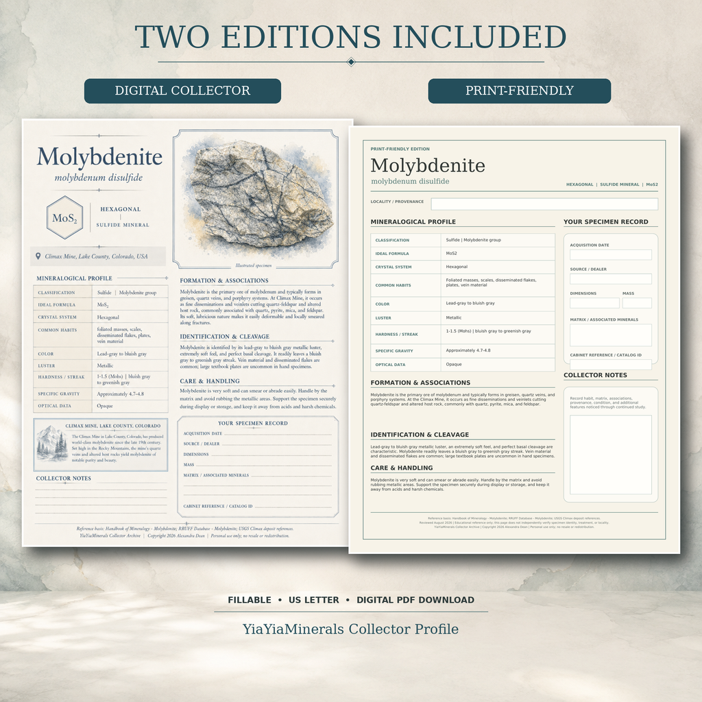 Molybdenite mineral specimen profile showing corrected Digital Collector and Print-Friendly editions