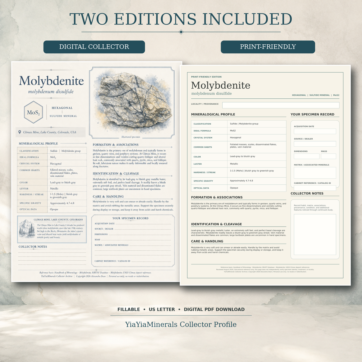 Molybdenite mineral specimen profile showing corrected Digital Collector and Print-Friendly editions